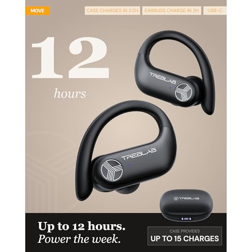 TREBLAB X3-Pro Earbuds Wireless Bluetooth, Earhook IPX5 12H Powerbank | Bluetooth Running Headphones, gaming mode 60ms, wireless charging case, secure earhook, ENC mics, BT 5.3, 9g ultra-light - color: White Logo