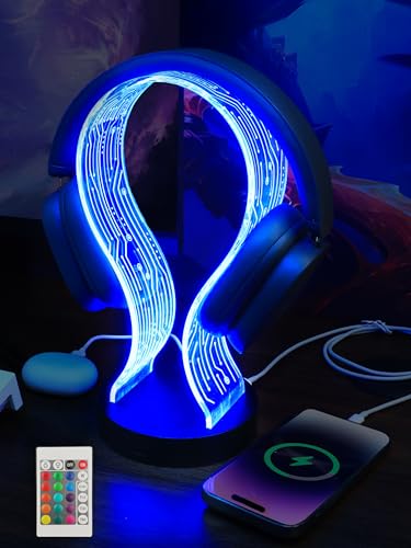 YuanDian RGB Headphone Stand, 16 Colors LED Lighting with Remote Control, Base with USB & Type-C Charging Port, Dimmable & Timer, Gaming Accessories Gift forGamers Men Boy & Music Lovers - color: black