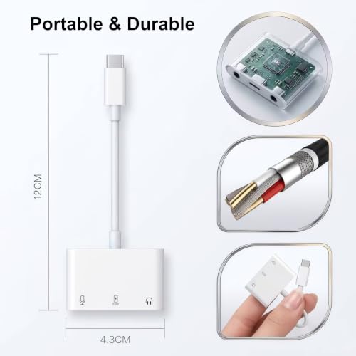 USB C to Microphone & 3.5mm Headphone Adapter with PD Fast Charging for Live-Streaming, 3-in-1 Aux to USB C Audio & MIC Splitter Compatible with iPhone 17/16/15, iPad Pro, Galaxy S26, and More