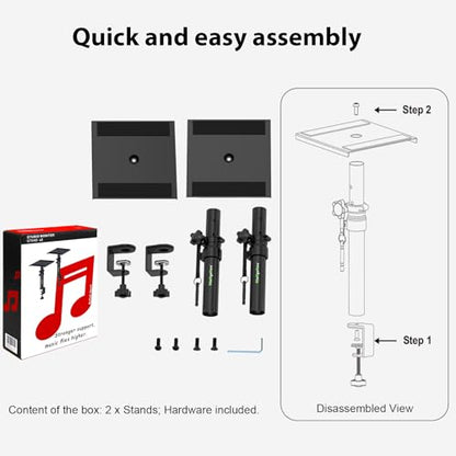 Pair of Desktop Speaker Stands 9"-14" Clamp Studio Monitor Stands | Height Adjustable, Clamp-on, Desk Mount Speaker Riser, Home Audio - size: Basic