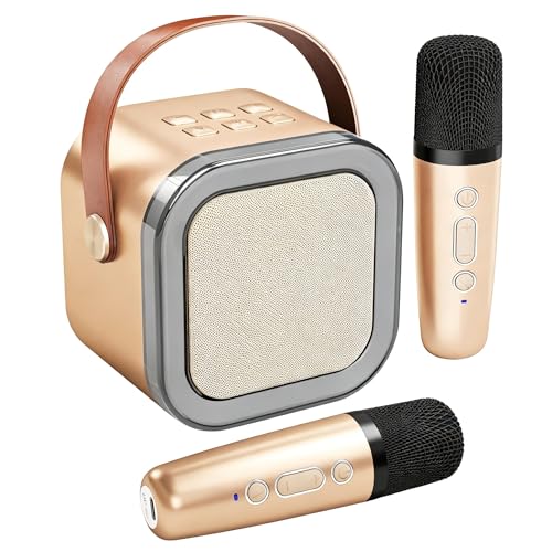 VOSOCO Mini Karaoke Machine, Portable Karaoke Player with 2 Wireless Microphones, Karaoke Speaker Supports USB AUX TF for Home Party Outdoor Travel (Gold)