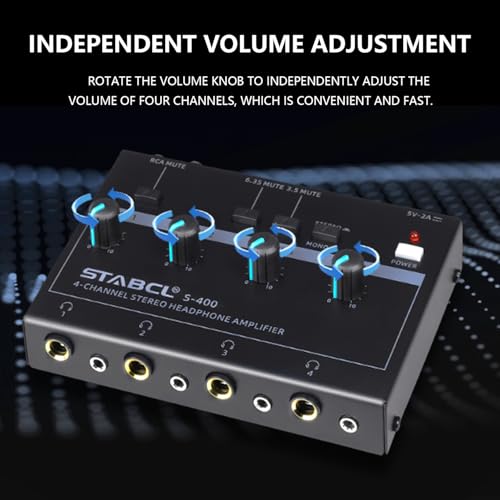 4 Channel Headphone Amplifier, Stereo/Mono Headphone Amp Splitter with 3.5mm,6.35mm,RCA Input. Four 3.5mm and 6.35mm Output. Studio Headphone Amplifier Mixer for Recording