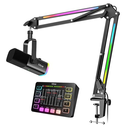 FIFINE USB/XLR Dynamic Microphone with Audio Mixer&RGB Boom Arm Kit, Streaming Mic with Quick Mute, PC Mixer with 48V Phantom Power, RGB Metal Mic Arm with 3/8" to 5/8" Screw for Podcast-AM8+SC3+BM38