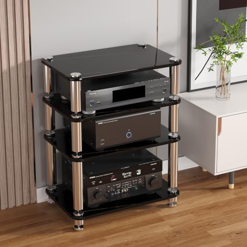 Tempered Glass HiFi Audio Rack Stand, Anti-Vibration Amplifier Shelf(Black,4-Layer) - color: Black, size: 4-layer