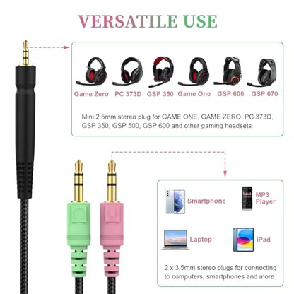 GSP 600 Cable for Sennheiser GAME ONE, GAME ZERO, PC 373D, GSP 670, GSP 500 | for GSP 350 Gaming Headset, PC, PS4, 6.6ft