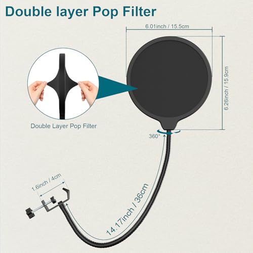 Desktop Microphone Stand,Adjustable Height Mic Stand with Pop Filter Shock Mount Mic Clip 3/8" to 5/8" Adapter,Compatible with AT2020|AT2035|AT2040|QuadCast S|Razer Seiren X| Blue Snowball |Shure