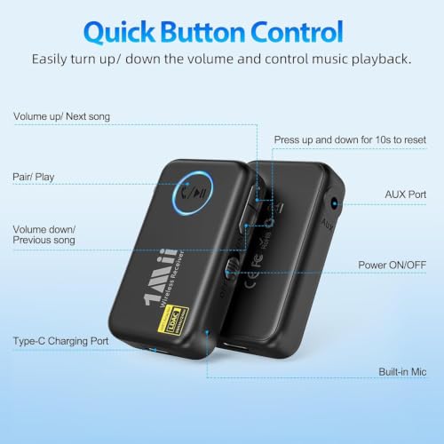 1Mii LDAC Bluetooth Aux Adapter for Car, Bluetooth Car Receiver | Volume Control, 10H Battery Life, Hands Free Calls, Wireless Audio Receiver for Home Stereo/Wired Headphones/Speaker - style: ML100Pro (Upgrade)