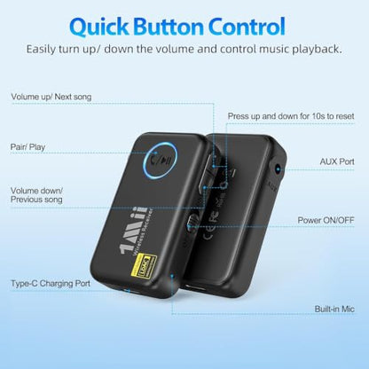1Mii LDAC Bluetooth Aux Adapter for Car, Bluetooth Car Receiver | Volume Control, 10H Battery Life, Hands Free Calls, Wireless Audio Receiver for Home Stereo/Wired Headphones/Speaker - style: ML100Pro (Upgrade)