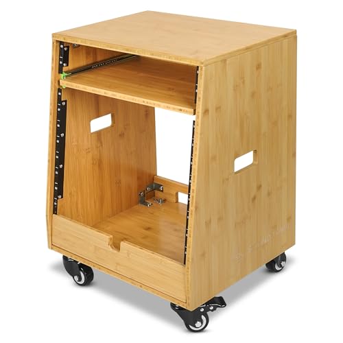Sound Town DIY Slanted 10U Studio Rack (2U Top + 8U Lower) with Slide-Out Tray, 2U Bottom Storage & Casters, Solid Carbonized Bamboo Audio Equipment Rack for Recording Room & Home Studio (STBR-ST10T) - size: 10U(2U Top + 8U Lower),Carbonized Bamboo