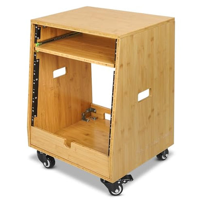 Sound Town DIY Slanted 10U Studio Rack (2U Top + 8U Lower) with Slide-Out Tray, 2U Bottom Storage & Casters, Solid Carbonized Bamboo Audio Equipment Rack for Recording Room & Home Studio (STBR-ST10T) - size: 10U(2U Top + 8U Lower),Carbonized Bamboo