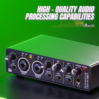 2X2 USB Audio Interface for PC Mac Laptop, 24Bit 192kHz for Computer Recording, Guitar, Streaming, Podcasting, with 48V Phantom Power, XLR TSR TS Ports