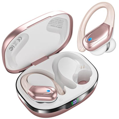 HAOYUYAN Sports Bluetooth Headphones, 80Hrs Playtime Wireless Earbuds with LED Power Display, IPX7 Waterproof Earphones for Workout/Running, Noise Canceling Headset Ear Buds Champagne Gold - color: Champagne Gold