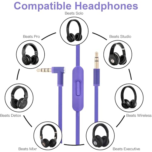 Replacement Audio Cable Cord Wire with in-line Microphone and Control Compatible with Beats Headphones Solo, Studio, Pro, Detox, Wireless, Mixr, Executive, Pill (Purple) - color: Purple