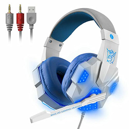 3.5mm Gaming Headset Mic LED Headphones Stereo Bass Surround for PC PS4 Xbox One (White & Blue) - color: White & Blue