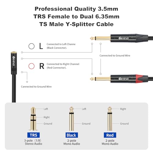 3.5mm to Dual 1/4 Y Splitter Cable, 1/8" Female TRS to Dual 6.35mm TS Male Adapter, Female Mini Jack Stereo to 2 Quarter inch Mono Converter 1 feet - color: Black 3.5mm TRS Female to Dual 1/4" TS Male 1 Foot