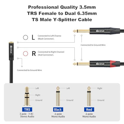 3.5mm to Dual 1/4 Y Splitter Cable, 1/8" Female TRS to Dual 6.35mm TS Male Adapter, Female Mini Jack Stereo to 2 Quarter inch Mono Converter 1 feet - color: Black 3.5mm TRS Female to Dual 1/4" TS Male 1 Foot