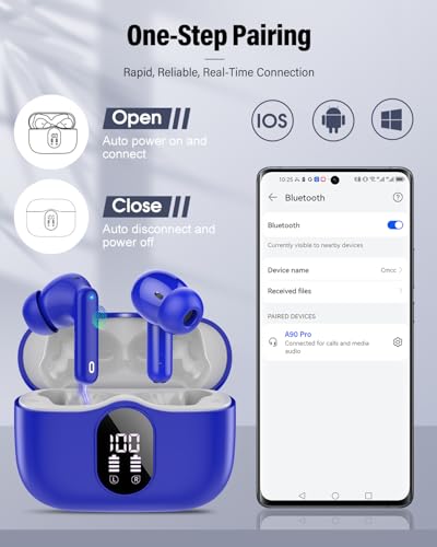 Wireless Earbuds, Bluetooth 5.4 Headphones Bass Stereo/Clear Calls, Blue | Ear Buds with Noise Cancelling Mic LED Display in Ear Earphones IP7 Waterproof 36H Bluetooth Earbuds for Phones/Sport/Laptop - color: Blue