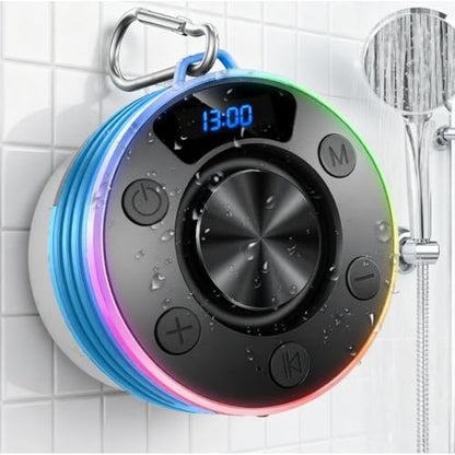 Speakers Bluetooth Wireless, Shower Speaker with Lights, IPX7 Waterproof Bluetooth Speakers with Suction Cup, Deep Bass, Built-in Mic, Digital Display, Portable Speakers Hook for Cycling Party Travel - color: Lake Blue