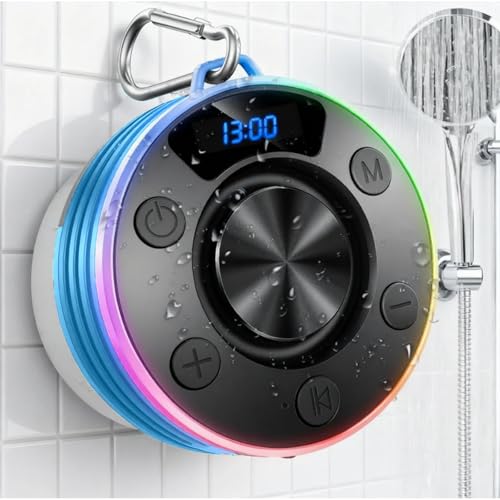 Speakers Bluetooth Wireless, Shower Speaker with Lights, IPX7 Waterproof Bluetooth Speakers with Suction Cup, Deep Bass, Built-in Mic, Digital Display, Portable Speakers Hook for Cycling Party Travel - color: Lake Blue