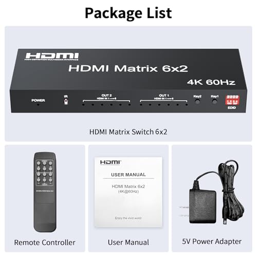 6x2 HDMI 2.0 Matrix Switch Splitter, 6 in 2 Out HDMI Matrix Switcher Selector Supports 4K@60Hz 18Gbps UHD HDR HDCP 2.2, with Remote Control & Optical SPDIF 3.5mm Audio Extractor, EDID Management - size: 4K 6X2 Matrix with EDID
