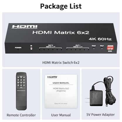6x2 HDMI 2.0 Matrix Switch Splitter, 6 in 2 Out HDMI Matrix Switcher Selector Supports 4K@60Hz 18Gbps UHD HDR HDCP 2.2, with Remote Control & Optical SPDIF 3.5mm Audio Extractor, EDID Management - size: 4K 6X2 Matrix with EDID
