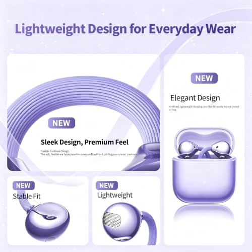 2026 Hi-Fi Sound Clip-On Open Ear Earbuds, Deep Bass,Bluetooth 6.0 - color: Purple