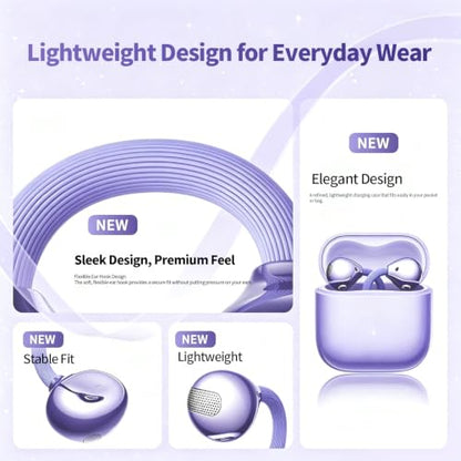 2026 Hi-Fi Sound Clip-On Open Ear Earbuds, Deep Bass,Bluetooth 6.0 - color: Purple