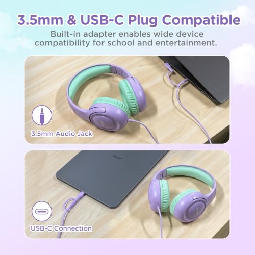 Acer Kids Headphones for School, USB-C-3.5mm Dongle, w/Mic HK03 | Foldable Wired Over Ear Headphones, for Toddler School/Tablet/iPad/PC/Travel, Purple-Green - color: 2-in-1 Purple Green