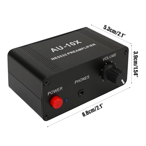12V RCA Preamplifier, Audio Phono Preamp with Power Adapter, Mini Stereo Headphone Signal Home Amplifier, Gain 20dB for Turntable Pre amp Dual OP AMP AUX10X NE5532, RCA Input to 3.5mm Output