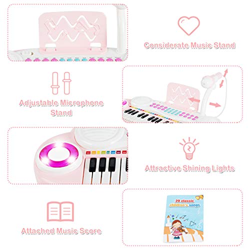 Costzon 37 Keys Electronic Keyboard Piano for Kids, Portable Musical Keyboard with Rhythm Light, Microphone, Recording, Music Stand, 8 Tone Keys, 4 Percussion Instruments (Pink) - style: Pink