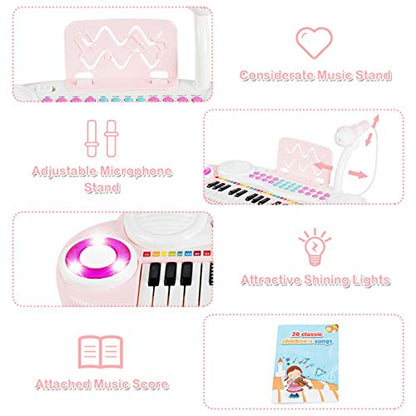 Costzon 37 Keys Electronic Keyboard Piano for Kids, Portable Musical Keyboard with Rhythm Light, Microphone, Recording, Music Stand, 8 Tone Keys, 4 Percussion Instruments (Pink) - style: Pink