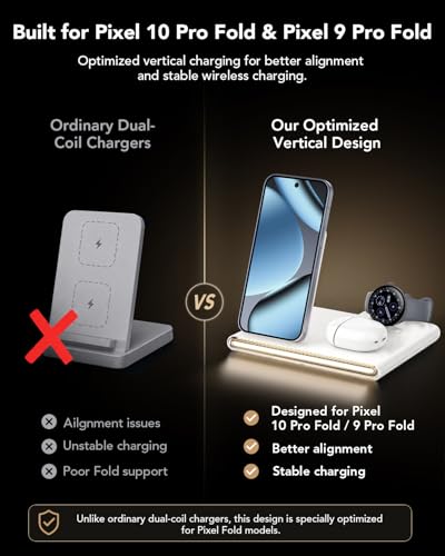 3 in 1 Wireless Charging Station with Night Light for Google Pixel Watch 4 | Google Wireless Charger for Pixel 10, Travel Nightstand Dock, Pixel Watch Phone Charger Stand(Only for Google Watch 4) - color: White