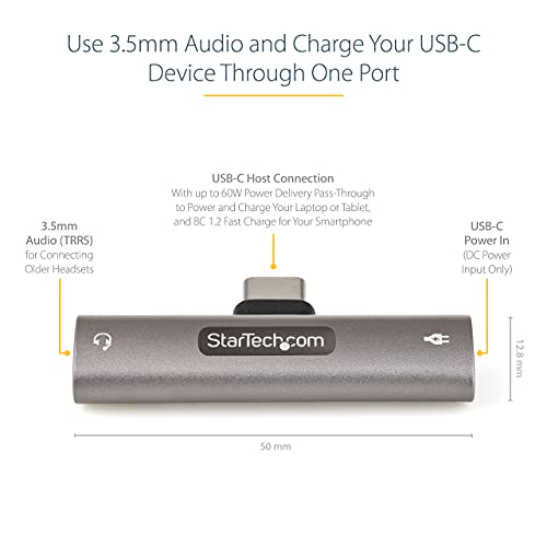 StarTech USB-C Audio & Charge Adapter, Phone (CDP235APDM) | USB-C Audio Adapter with 3.5mm TRRS Headphone/Headset Jack and 60W USB-C Power Delivery Pass-through Charger - style: 3.5mm Audio + 60W Charge
