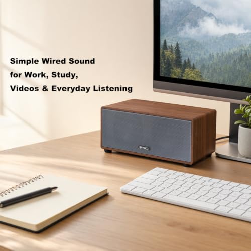 Wood-Grain Computer Speakers for Desktop PC, 10W Wired USB-Powered Speaker with 3.5mm AUX Jack, Plug & Play Clear Stereo Audio, Compact Brown Desk Speaker with In-Line Volume Control for Home Office