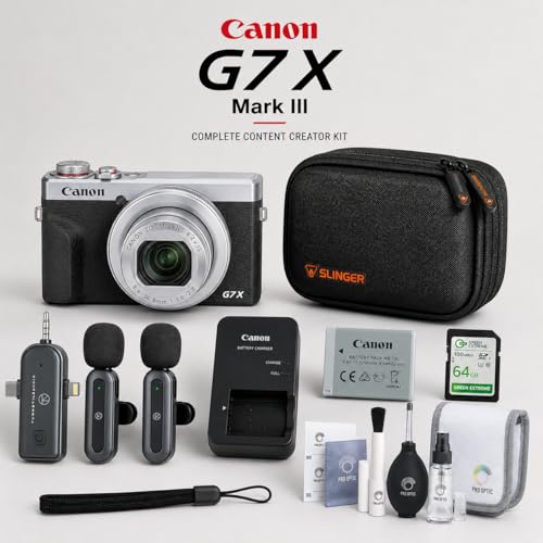 Canon PowerShot G7 X Mark III Digital Camera Bundle with 64GB SD Card, Wireless Lavalier Microphone System, Hardshell Camera Case, Card Reader & Cleaning Kit (Silver)