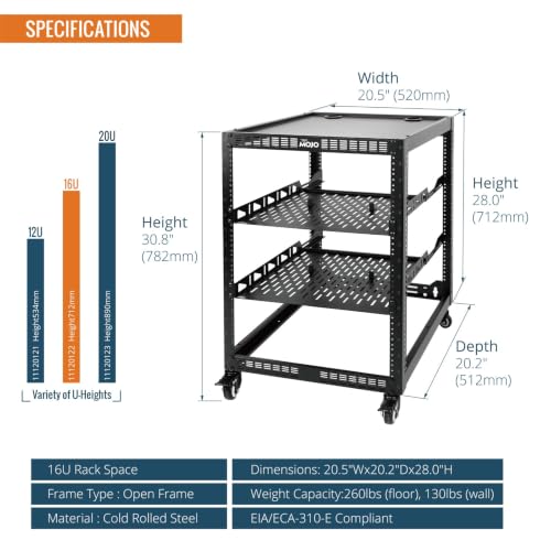 TECMOJO 16U Open Frame Network Rack for IT &AV Gear, AV Rack 4-Post with casters, Mobile 16U Rack with 2 PCS 1U Server Rack Shelf & Mounting Hardware, for 19" Network,Audio and Video Device - size: 16U with Casters