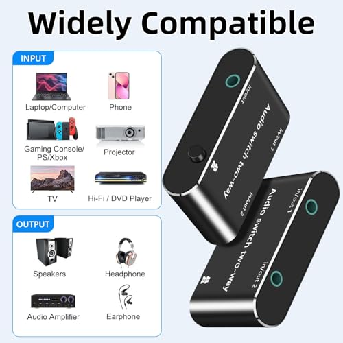 Audio Switch 3.5mm Bi-Direction Switch,Stereo Audio Switcher 2 in 1/1 in 2 Out,A udio Swit ch Headphone Manual Selector Splitter for Phone PC Laptop Headphone(Black)