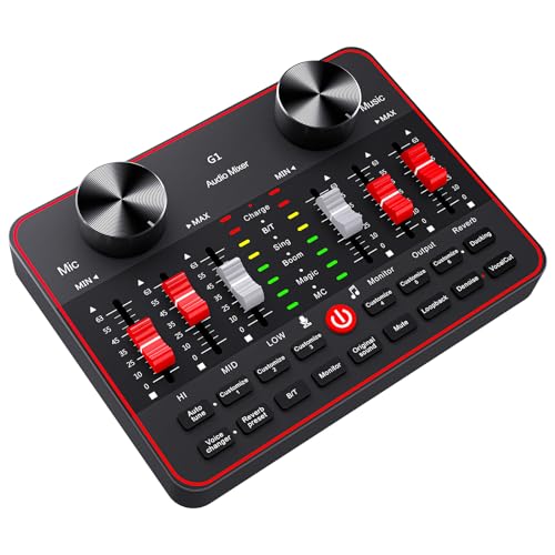 Audio Mixer, Sound Board for Pc/Phone Live Streaming Singing Gaming, Audio Interface for 3.5mm Microphone, Live Sound Card with DJ Mixer Effects & Voice Changer, Denoise, Bluetooth Podcast Mixer