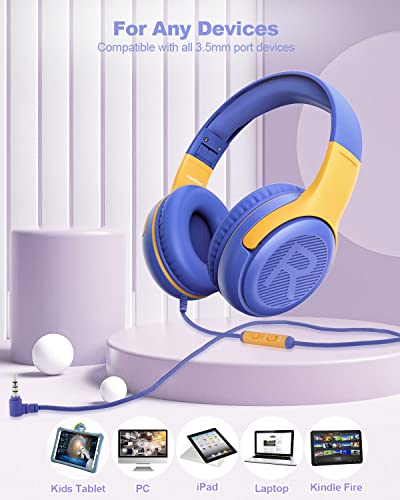 Kids Headphones Wired with Microphone for ipad Computer Laptop for Boys Girls Volume Limit Foldable Over Ear Headset for School 3.5mm Jack | 3.5mm Jack, HD Mic, Portable Wired Headphone with Shareport, Stereo Sound On-Ear Headphones for Toddler Girls Boys