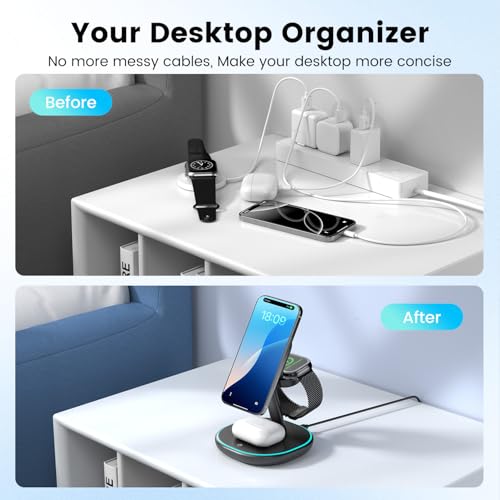 3-in-1 Charging Station, 2X Faster 15W Wireless Charging Station for iPhone 16/15/14/13/12, for Apple Watch, AirPods, Magnetic Wireless Charger with Sleep Friendly Light (Black)