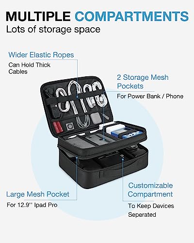 BAGSMART Cable Organizer Bag, Travel Electronics Organizer with Adjustable Divider, Tech Bag Carrying Case, Storage Bag Sturdy Tool Case with Handle for Cellphone Cord Electronics Accessories, Black