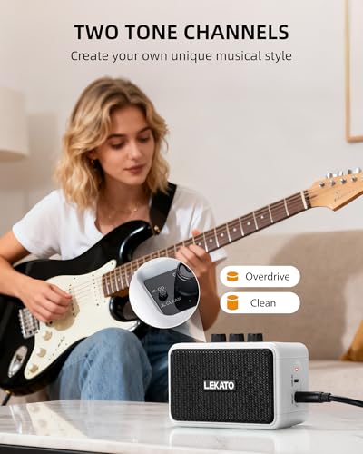 LEKATO Mini Guitar Amplifier AG-04, Dual Speakers 5W, Rechargeable Electric Guitar Amp Bluetooth with Clean Overdrive, 6H Working, Headphone Jack, Wireless Portable Small Amp for Practice (White) - color: White