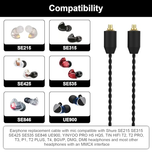 MMCX Cable with Mic Compatible with Shure SE215, SE215 PRO, SE315, SE425, SE425 PRO, SE535, SE846, UE900 Earbuds, 3.5mm Headphone Cable with Volume (Black)