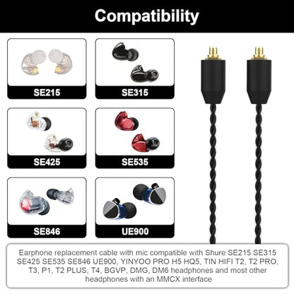 MMCX Cable with Mic Compatible with Shure SE215, SE215 PRO, SE315, SE425, SE425 PRO, SE535, SE846, UE900 Earbuds, 3.5mm Headphone Cable with Volume (Black)