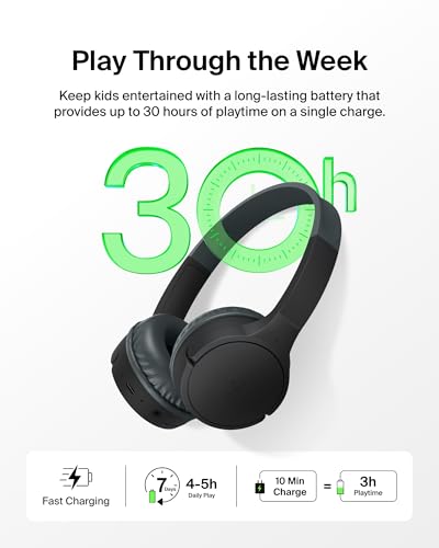 Belkin SoundForm Mini Bluetooth Kids Headphones with Case, 30H Battery Life | Toddler headphones with Case, 85dB Volume Limit, Built-in Mic, Wired Connection Option, iPad, Android Tablet, School, Travel - color: Black, style: Wireless (USB-C) + Case