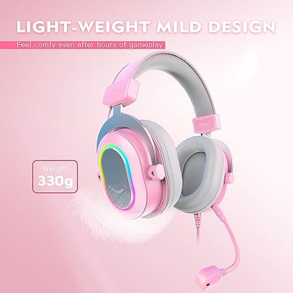 FIFINE H6P Wired Gaming Headset with Noise Canceling Mic for PC,PS4/5 | Large 50mm Drivers, 7.1 Surround Sound, Solid Metal Frame, 3 EQ Modes, Vibrant RGB, USB In-line Control, for gamer/streamers - color: Pink
