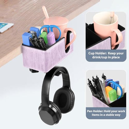 Under Desk Cup Holder Clamp on Cup Holder PU Leather Clip on Desk Organizer | Desk organizer with pencil holder clamp on side, under desk hanging organizer, clip on cup holder desk phone stand holder PU - color: Violet