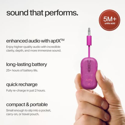 Twelve South AirFly Pro 2, Bluetooth Adapter, Pair 2 AirPods, Fuchsia Ice | Pair 2 AirPods or Wireless Headphones – 3.5mm AUX Bluetooth Transmitter and Receiver for Cars, Boats, Treadmills, TVs & More - color: Fuchsia Ice, style: AirFly Pro 2