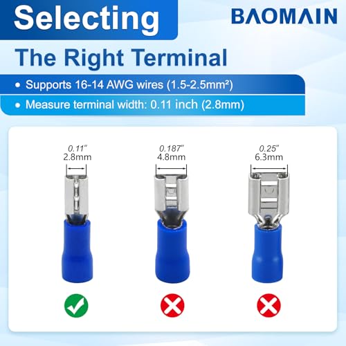 BAOMAIN 0.11" Female Quick Disconnect Spade Terminals 16-14 AWG 100-Pack | Blue Insulated Tin-Plated Crimp Connectors for 16-14 AWG Electrical Wiring. Fits 0.11" 2.8mm Male Spade Terminals - size: Female