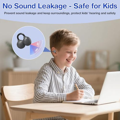 QearFun Kids Bear Ear Clip On Earbuds, Open Ear Earbuds with Rotatable Case - 85dB Safe Volume, 30H Playtime, Built-in Mic, Wireless Bluetooth Headphones for School Travel, Gift for Girls Boys - color: Black Earbuds